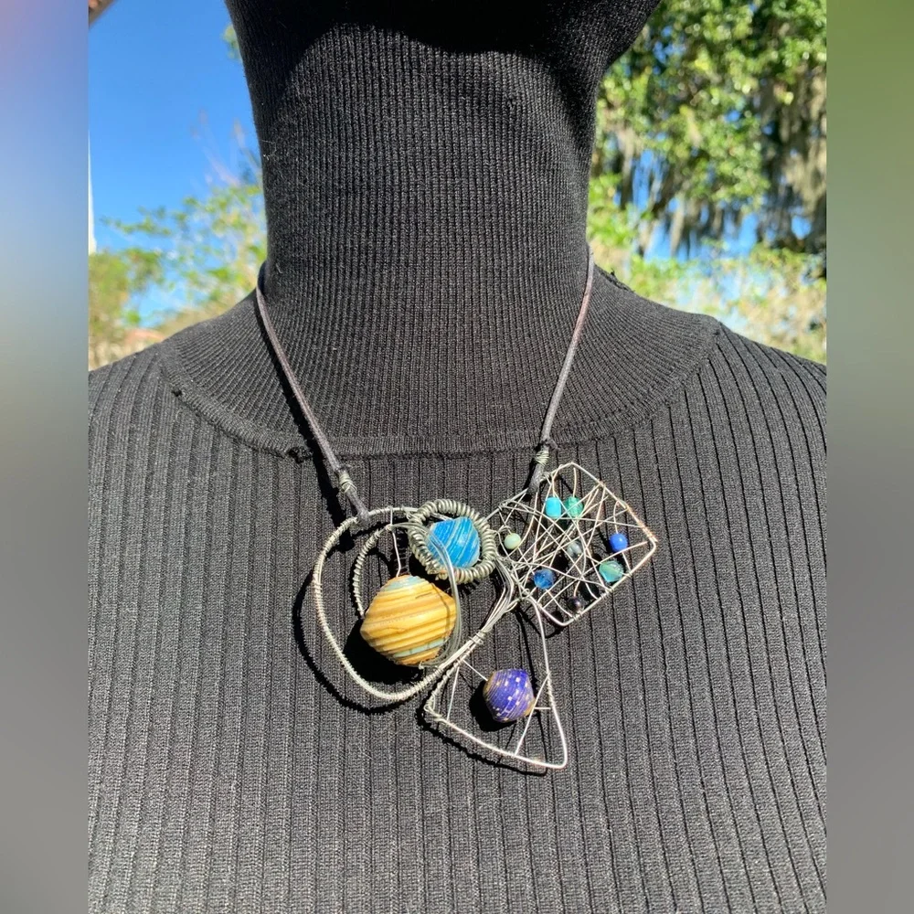 Handcrafted Art Brass Wire Blue Bead Unique Boho Artisan Statement Necklace